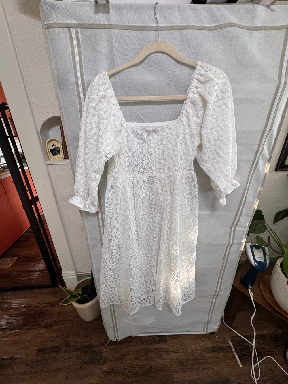 White Lace Midi Dress with Puff Sleeves -Small-NWT